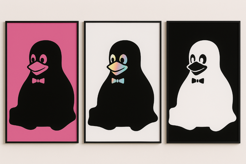Three framed illustrations of a penguin in different poses on pink, white, and black backgrounds.